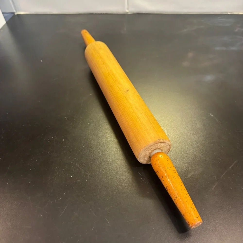 Vintage Rolling Pin Kitchen Tool Tan Orange Wood Farmhouse Rustic Decor 17in